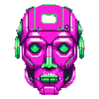 minimalist cartoon emoji of a robot face, LLM theme, Matrix-inspired cyberpunk style, three neon green shades with magenta, clean crisp pixel lines, techy sticker look, stroke, futuristic digital feel sticker