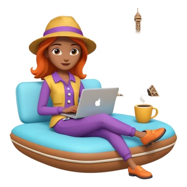 3D clay woman character relaxed with laptop and coffee in Paris, floating icons (dollars), colofrful modern outfit, white laptop, Pixar style, transparent background sticker