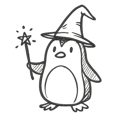 A penguin wizard with a pointy hat and a magic wand sticker