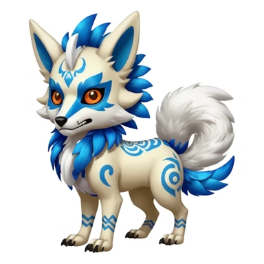 Furry cute colorful exotic tribal feral anime-styled Fakémon-Pokémon-animal-creature with a white wolf-skull-head-mask-face, and blue feathers around neck, with long furry ears, long furry tail, 4 legs, (full body), with intricate pattern-markings sticker