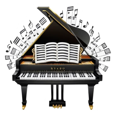 Create a sophisticated and celebratory emoji collage representing keyboard instruments, designed in the style of a coat of arms or crest. The design should feature a central, ornate grand piano with black and white keys, surrounded by a ribbon of musical notes. The ribbon should intertwine with a second ribbon made of black-and-white piano keys, creating a flowing, symmetrical pattern. Include delicate, elegant details such as the pedals of the grand piano, intricate woodwork, and the glossy, polished surface of the instrument. The musical notes should be swirling around the design in a harmonious, festive arrangement. Use gold, silver, and rich wood tones to evoke a sense of luxury and professionalism, with the black-and-white keys of the piano adding contrast. The background should remain transparent. sticker