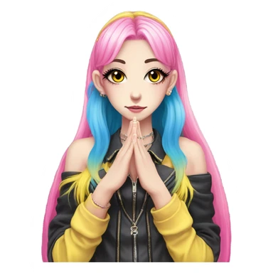 Blue eyed long eye lashes pout blonde and pink hair pale hime gyaru girl, hot pink and yellow split-dyed hair, nose ring, elf ears, dark makeup, punk clothes standing next to three diffrent men praying on their knees sticker