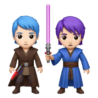 one blue haired jedi with purple lightsaber vs dark brown hair jedi with red lightsaber emoji sticker