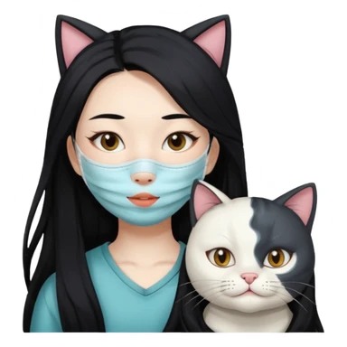 Asian girl with pooo hair and with whole facial mask pack with one cat sticker
