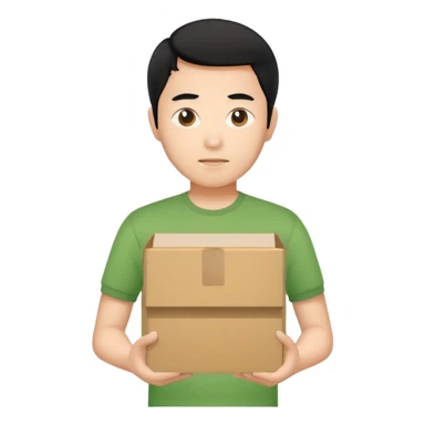 black haired asian man green shirt holding cardboard box sticker