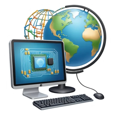 An icon featuring a computer monitor displaying code, a globe with network nodes, and a circuit board, symbolizing IT. The design includes data streams, cloud storage, and a keyboard, representing digital innovation, connectivity, and problem-solving. Transparent background sticker