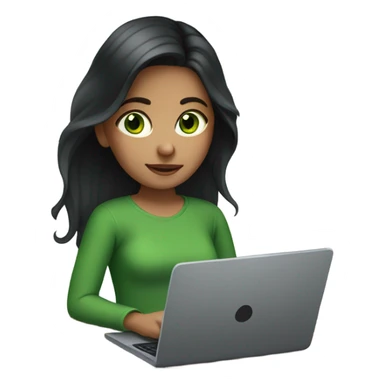 Girl with long dark hair, green eyes and laptop sticker