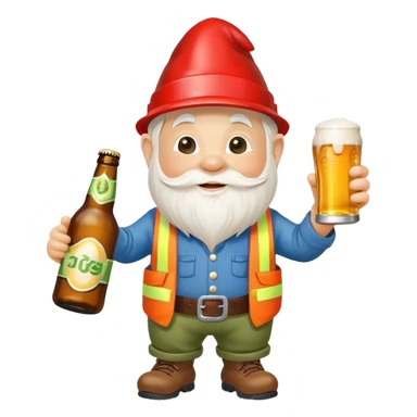 Garden gnome wearing construction clothes holding a bottle of beer and a can of beer  sticker
