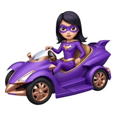 Hot full size real-appearance racing action BatGirl’s Lego feminine midnight-purple tight outfit sixty’s tv show 1992 stealthy retro sporty petite off-road pursuit hovering hover cruiser car rose gold accents (black hair,reclined and relaxed seating position) go kart sticker
