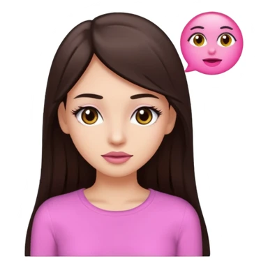 A young woman with long straight dark bown hair, big brown eyes, long eyelashes, pink lips, wearing a plain white top, in emoji style sticker