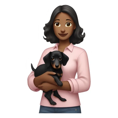 a brunette woman in a light pink shirt, with white skin, holding black dachshund puppy in her arms sticker