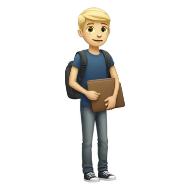 A tall blonde male teenager, 17 years old, holding a laptop bag sticker