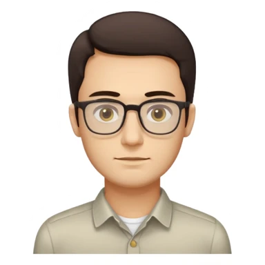 a young man around 30 years old, dark brown eyes, with dark brown hair, longer rectangular face, light yellow skin color, small eyes with rectangle shape glasses, without beard, no forehead wrinkles, wear shirt sticker