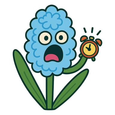 pastel blue hyacinth flower with alarmed eyes and a screaming mouth, waving a tiny alarm clock, fluffy and round, vibrant toon style sticker