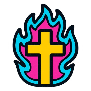 small cross with flames, glowing energetic emoji style sticker