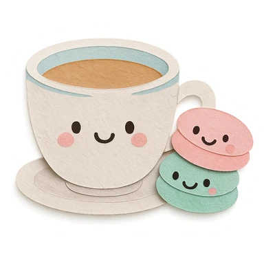 coffee cup with macarons, all with cute faces, soft pastel colors, hand-drawn style sticker