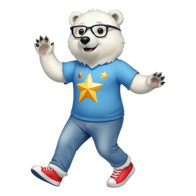 friendly anthropomorphised polar bear walking energetically, excited expression, wearing shirt, jeans, trainers, large multicolored star-shaped glasses sticker