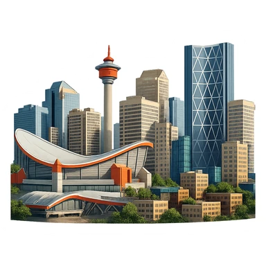 Remove the sky background from the Calgary emoji, keeping everything else exactly the same: the skyline with the Calgary Tower, Saddledome, Bow Building, lifelike detail, accurate colors, bright lighting, wide city view, and a fully transparent background. sticker