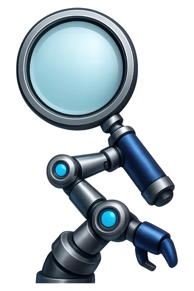 Add a robotic arm holding the magnifying glass, keep metallic textures and glowing blue accents, in emoji style with no background. The style should resemble apple style emojis with a clean and polished look, focusing on metallic and glowing blue details. sticker