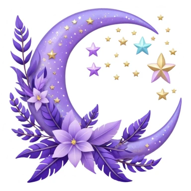 Beautiful poetic aesthetic sparkly glittery shiny pretty floating pastel lilac lavender Violet crescent-moon and flowers and leaves and feathers and sparkles and stars aesthetic deco sticker