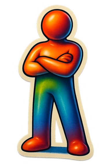 poster inspired by the reference photo, retro stickers style, no text, standing with arms crossed sticker