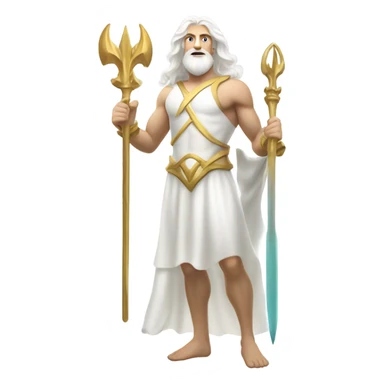 white man Poseidon with gold Trident. long white hair white dress.  with tools sticker
