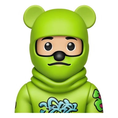 bearbrick toy wearing a lime green balaclava with graffiti design and chill relaxed thick eyebrows showing above sticker