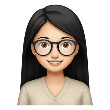 medium tan asian woman with long black hair past middle of back, round brown eyes, white v neck blouse. she has black thick frame rectangle shape glasses on and smiling with no teeth sticker