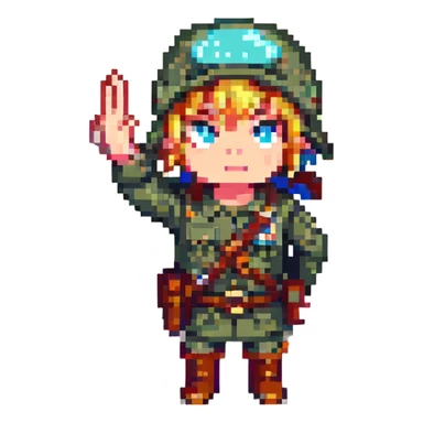 Link performing a military salute with right hand on forehead, serious expression, no text, pixel art style, transparent background. sticker
