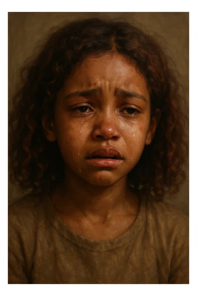 realistic digital painting of a brown-skinned girl with shoulder-length curly reddish hair, crying sticker