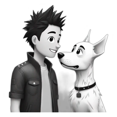 dog and a dark-haired girl with spiky hair looking at each other in style of ((sarah andersen)), black and white sticker