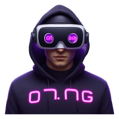 Russian man wearing a black hoodie with "OMG" letters on it and VR headset in a cyberpunk VR environment with violet neon lighting. sticker