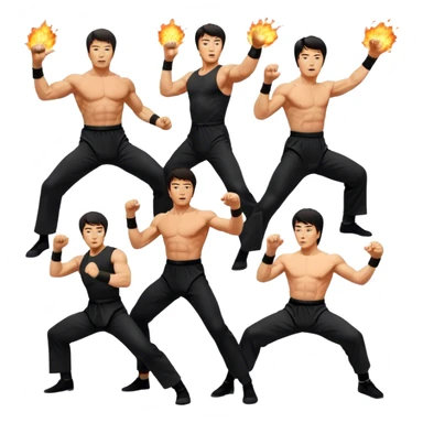 Icon for Action Movies: Collage of Arnold Schwarzenegger, Sylvester Stallone, Bruce Lee and Jackie Chan in iconic action poses, surrounded by explosions, weapons, and martial arts moves. The design should capture the high-energy, dynamic nature of their films. Transparent background. sticker