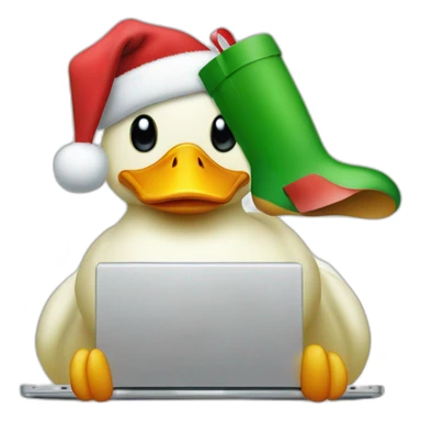 a duck behind a laptop wearing a christmas hat sticker