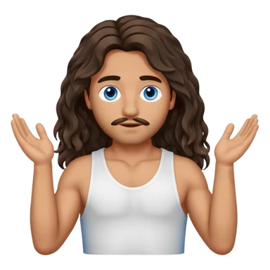 Men with olive skin, blue eyes, brown dark insanely wavy long hair, white camisole, left hand palm up crossing arms in front of face sticker