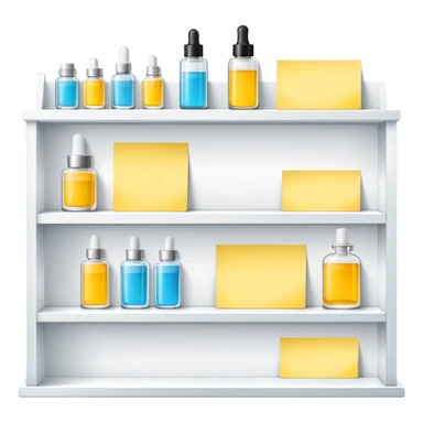 big long white shelf with luxury brand serum and big sticky note sticker
