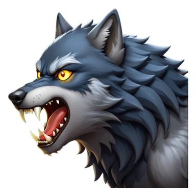 cinematic-noble-fierce-werewolf-howling-portrait-emoji, poised-and-imposing, with a fierce wolfish face tilted upwards in a haunting howl, glowing eyes full of primal ferocity, sharp, elongated fangs bared, and a rugged snout, fur rippling in shades of midnight black and silver, muscles tensed as the powerful howl echoes beneath the moonlit sky; rendered with realism, capturing the raw, untamed power of the beast in its wild, primal state sticker
