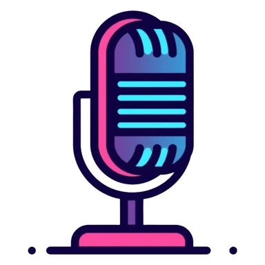 desktop studio microphone in profile view with neon glow effect, blue and purple neon glow on top left, pink neon glow on bottom right sticker