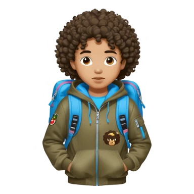 blasian teenager with curly hair, andbape hoodie and sprayground backpack sticker