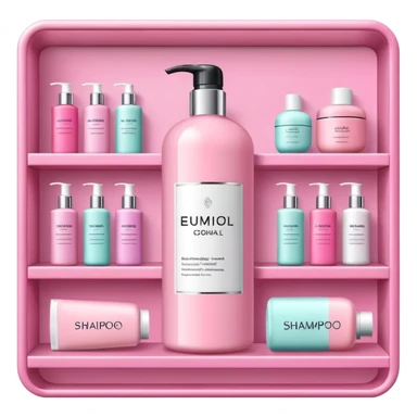 products on a shelf, there are Shampoo bottle, color tube, and conditioner on a pink shelf, the products are luxury brand-labeled and have nice packaging sticker