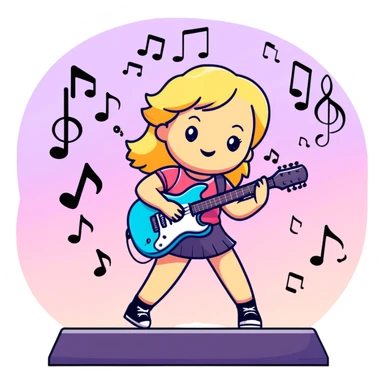 cute blonde girl playing guitar on a stage, music notes floating, colorful lights sticker