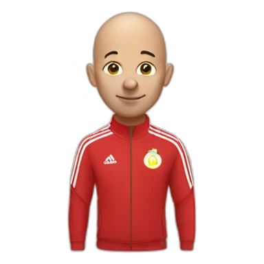 Bald man in red Adidas training suit with clown hair and nose sticker