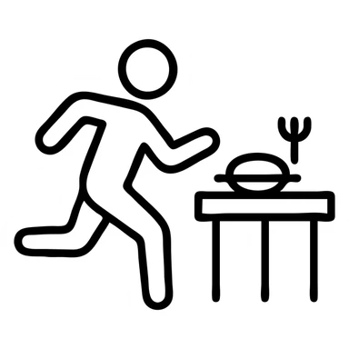 dine and dash, simple icon style, a person running away from a restaurant table with a plate, minimal lines, clear action sticker