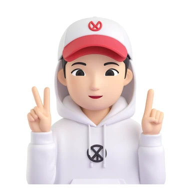 memoji-style Chinese American character for a profile photo, wearing a hoodie and a baseball cap, making a peace sign, white background sticker