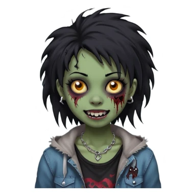 girl, zombie, black coily hair, medium long, emo, shaggy, dark, spooky,double eyebrow dermal piercing, cute illuminous smile sticker