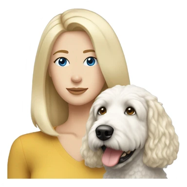 White lady with shoulder length blonde straight hair and blue eyes and her white golden doodle dog sticker