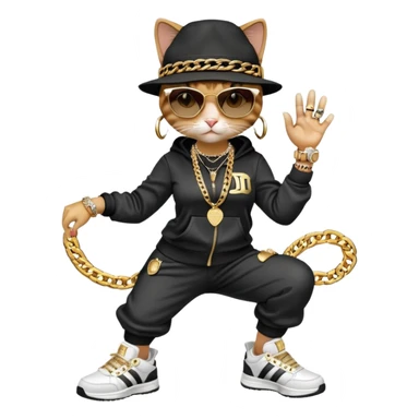 female cat wearing Run DMC hip-hop outfit with tracksuit, fedora, Adidas sneakers, dark sunglasses, many gold chains, rings, bracelets, flashy earrings, upright pose sticker