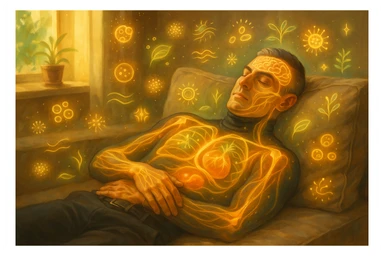 Uomo sdraiato su un divano nel primo pomeriggio, mentre fa un breve riposino. Il suo corpo appare parzialmente trasparente o stilizzato, con luce calda e flussi energetici dorati e verdi che scorrono attraverso muscoli, cervello, e organi. Intorno a lui si vedono piccoli simboli di rigenerazione: cellule che si rinnovano, tessuti che si illuminano, aura rilassata. L'ambiente è calmo e ordinato, luce naturale che entra da una finestra, atmosfera rigenerante, stile realistico con accenti metaforici. sticker