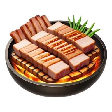 Cinematic Realistic Samgyeopsal Dish Emoji, depicted with sizzling, thick slices of pork belly grilled to perfection rendered with rich textures and warm, inviting lighting. sticker