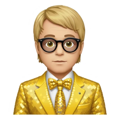 Elton John with dark blonde hair, yellow sequin suit sticker